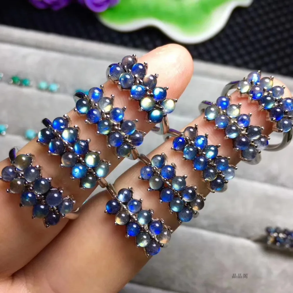 Естественный синий свет женское кольцо с кристаллом Лабрадорита 5 мм серое