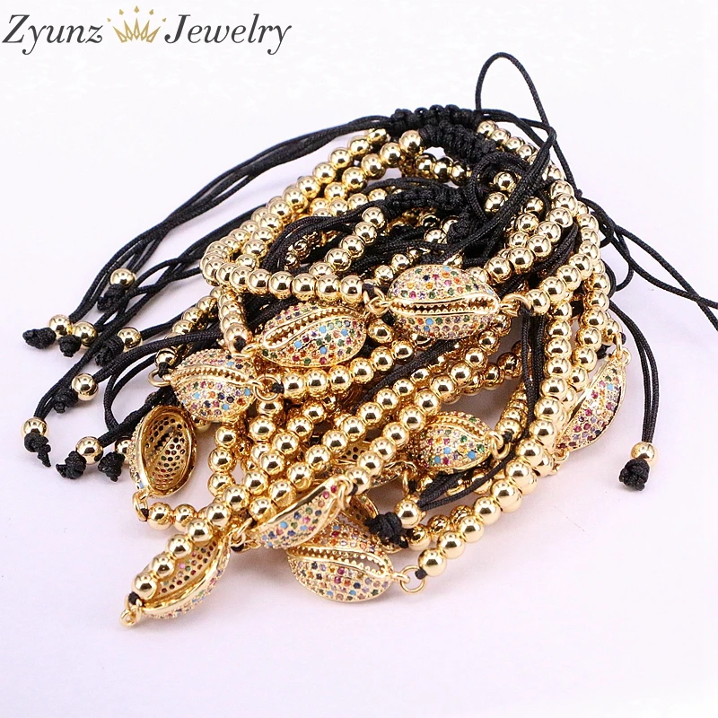 

5PCS, 4mm copper bead men bracelet pave rainbow CZ Shell Charm Braided Macrame bracelets & bangles For Women jewelry