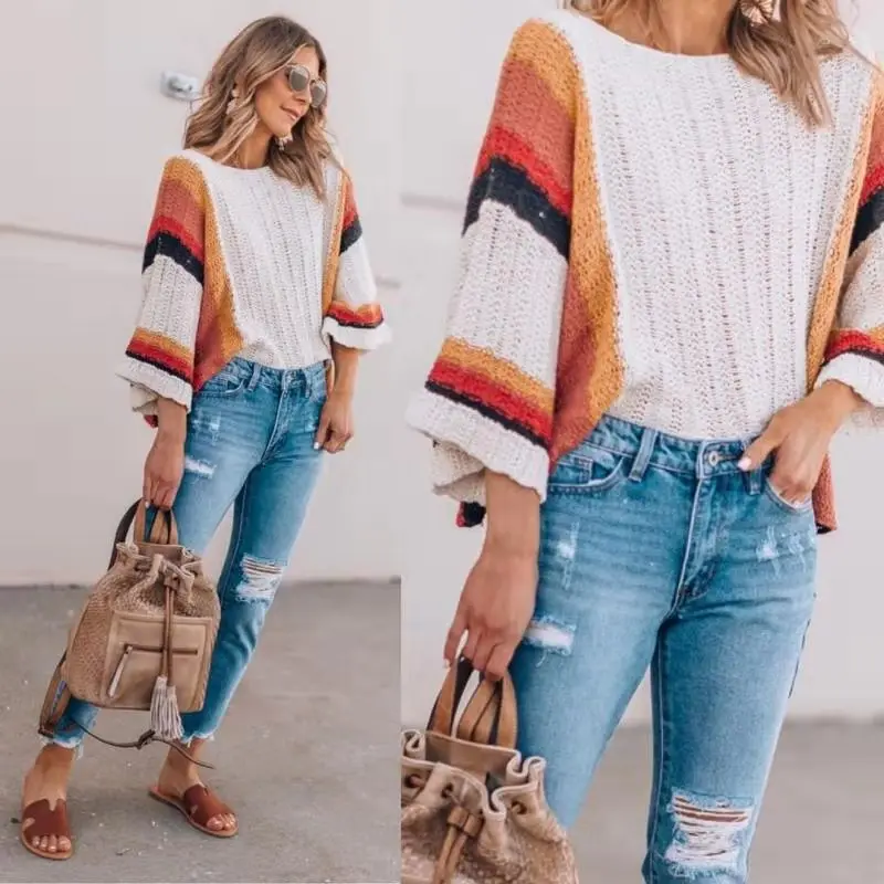 Newest Summer 2019 Rainbow Striped Sweaters Women Beach Cover Ups Autumn Fashion Oversized Loose Pullover Jumper Femme Knitwear | Женская