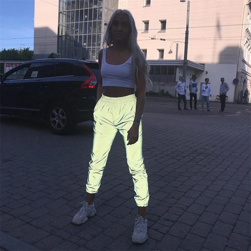Свободные спортивные Светоотражающие штаны женские длинные Сатиновые свободные