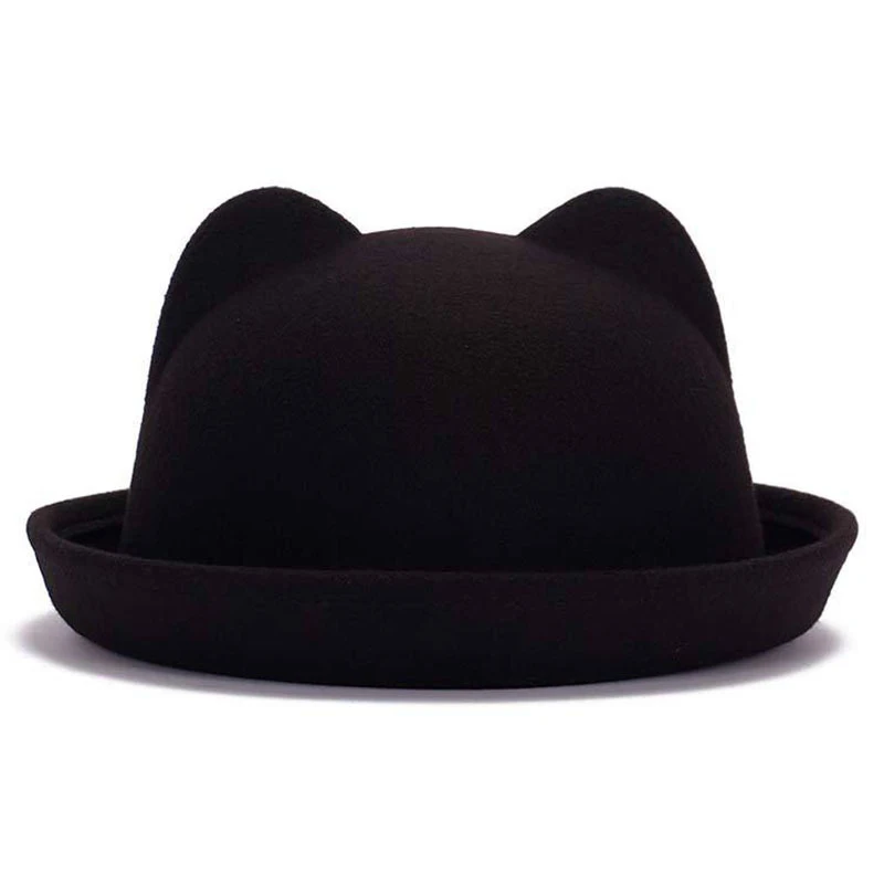 Cat ear black Модная шляпа-котелок для родителей и детей, шерстяная фетровая шляпа для женщин и девочек, детская однотонная официальная шапка Трилби сомбреро Дерби - Цвет: Cat ear black