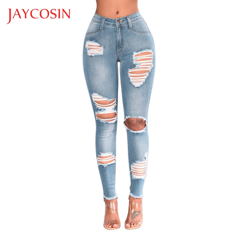 Женские джинсы JAYCOSIN модные с дырками высокая талия Стрейчевые тонкие