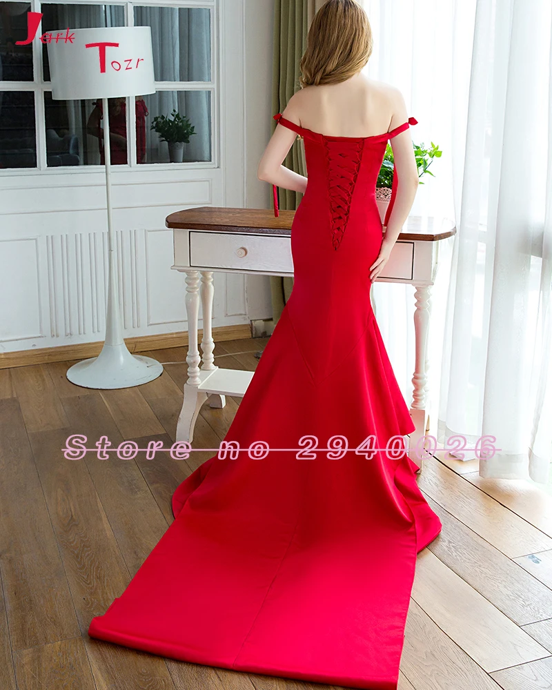 Jark Tozr Robe De Soiree Boat Neck Off the Sholder Red Satin Luxury Mermaid Fomal Evening Party Dresses 2019 Vestido Festa | Свадьбы и
