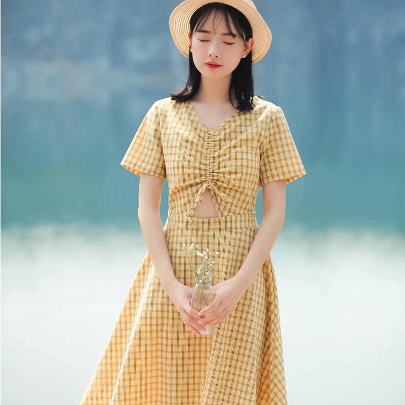 2019 женское японское Harajuku Ulzzang винтажное летнее желтое клетчатое пляжное длинное