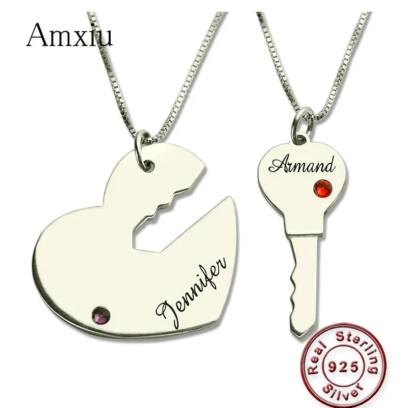 

Amxiu Two Pieces 925 Sterling Silver Heart Key Necklaces Custom Names Pendant Necklace with Birthstones Jewelry for Couple Gift