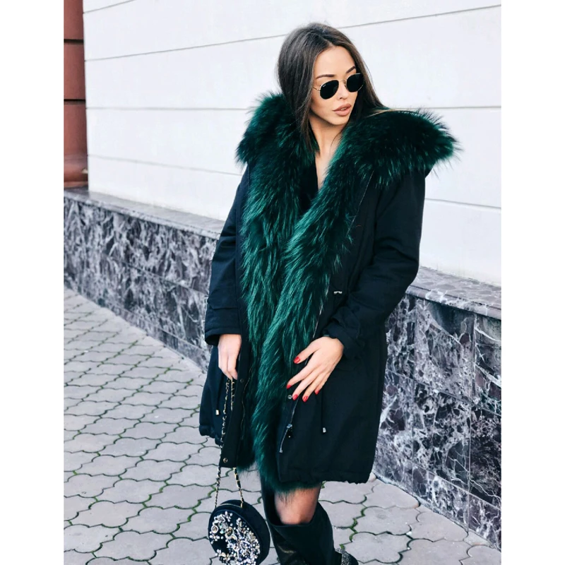 CKMORLS новая джинсовая куртка Женская парка одежда с меховым воротником натуральный мех енота пальто Зимняя теплая Модная парка меховые куртки