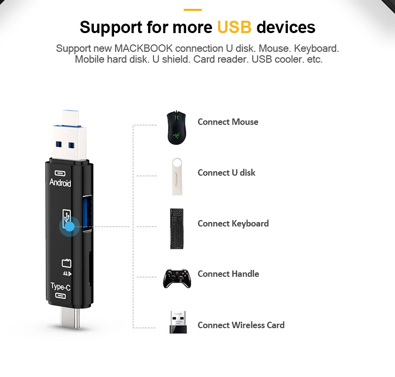 Type C, micro USB и USB 3 в 1 OTG Кардридер высокоскоростной USB2.0 Универсальный OTG TF/USB для Android Компьютерный удлинитель-переходник