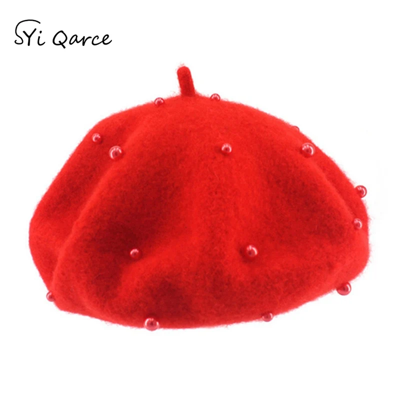 Red SYi Qarce, детский модный шерстяной берет с жемчугом, шапка, лучший подарок для девочки, весна, осень, зима, удобный берет в стиле винтаж, шапка, NM076-3 - Цвет: Red