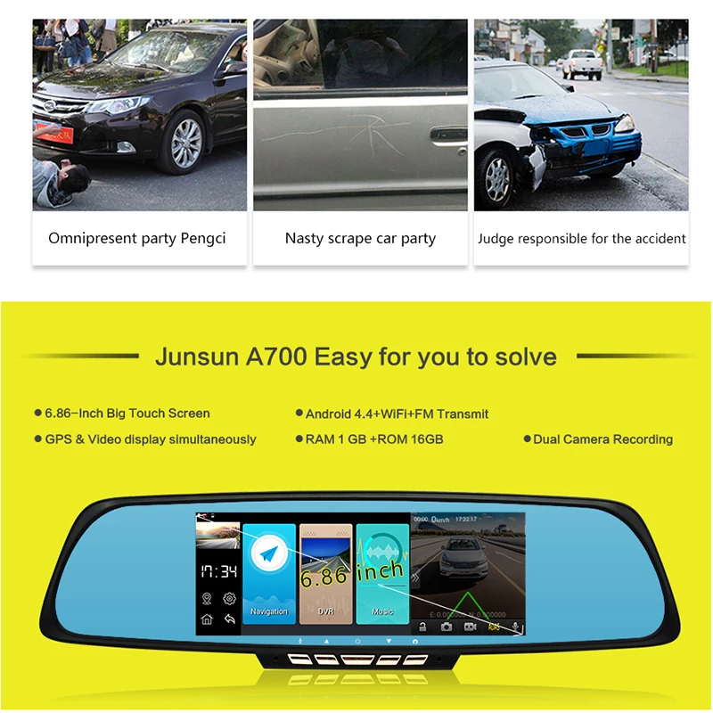 Junsun 6.86 дюймов Android gps навигации 16 ГБ с DVR Камера зеркало заднего вида Автомобильный