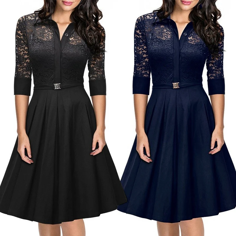 Женское винтажное платье с рукавом 3/4 кружевное трапециевидной формы цветочной