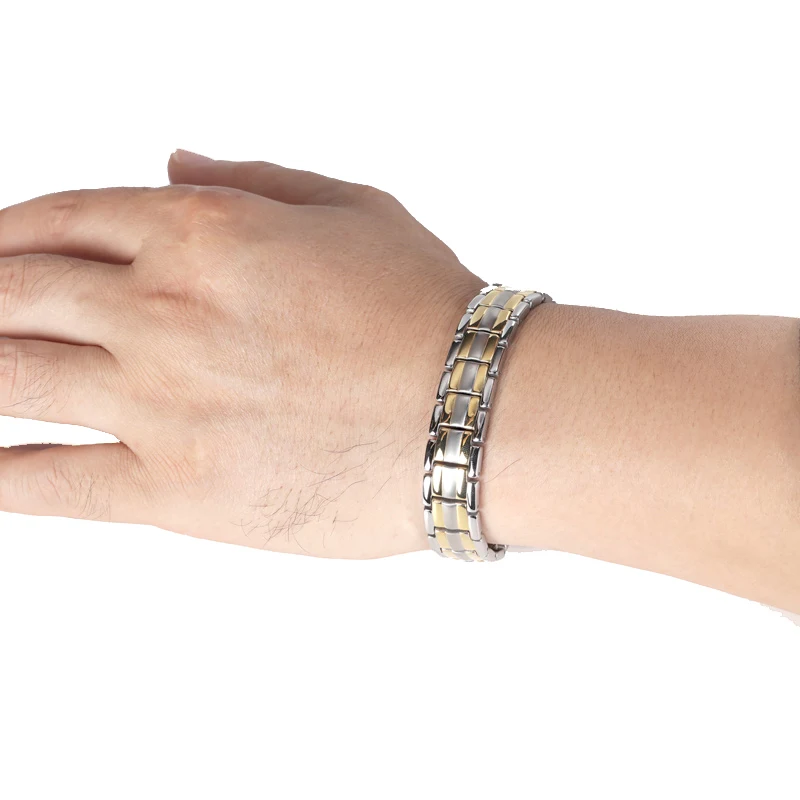 Оловянный золотой серебристый классический профильный магнитный браслет для мужчин из нержавеющей стали с общим здоровьем и привлекательностью кровяного давления.