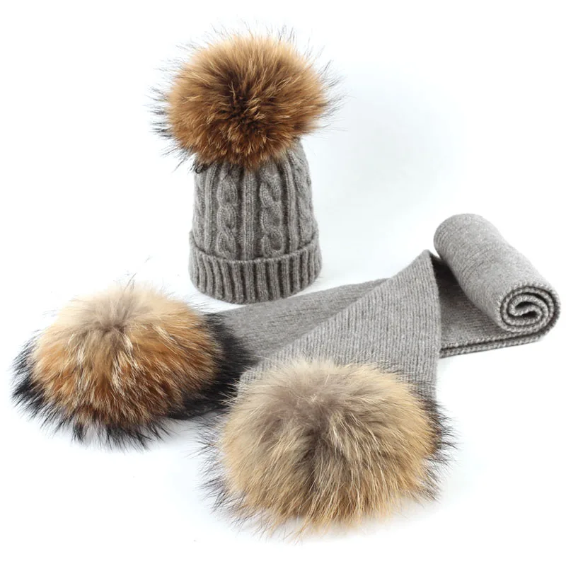Light Grey A Geebro/комплект из 2 предметов для мальчиков и девочек, вязаная шапочка и шарф с двумя натуральными помпонами, детская громоздкая шапочка, шапки с меховыми помпонами - Цвет: Light Grey A