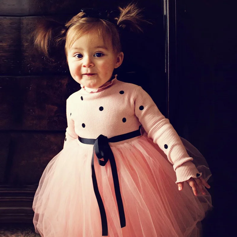 

Girls Knit Princess Dress Spring Autumn Cotton Baby Circle Point Dresses Children Long Sleeves Christmas Clothing For 0-4T Girl