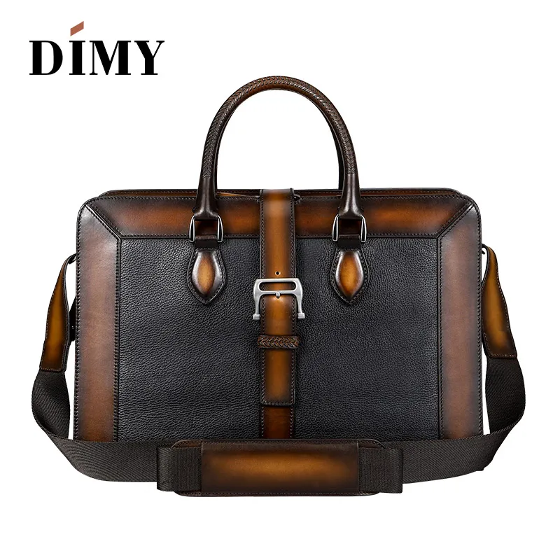 DIMY Italian Cow Leather Handbags Designer Business Briefcases For Men Shoulder Bags Large Capacity Vintage Patchwork Zipper Bag