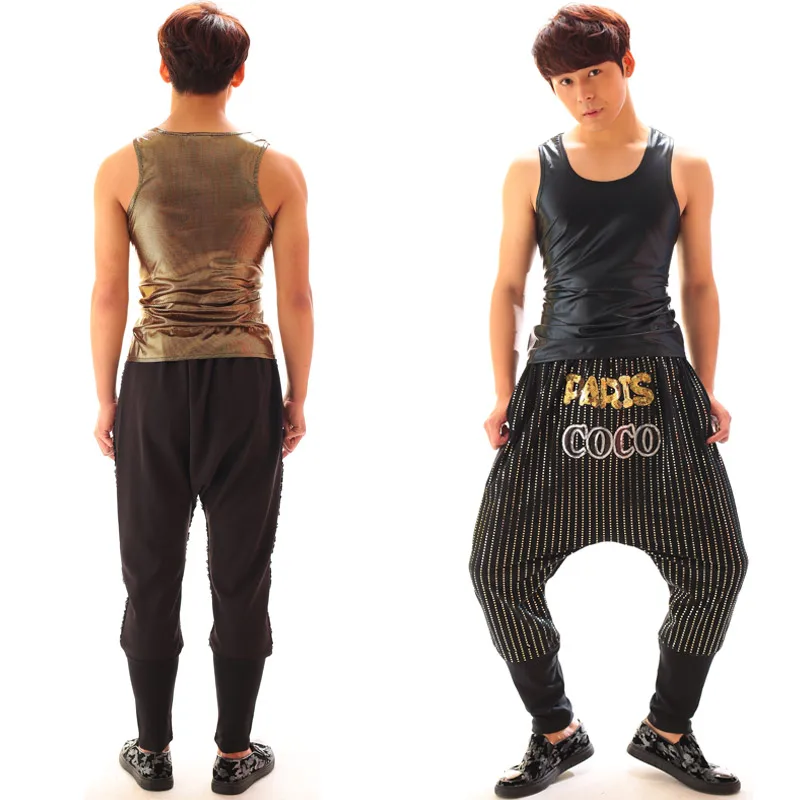 

27-37 !!! 2018 Costume male dj dance jazz gd hanging crotch pants hip-hop gold paillette harem pants The singer's cloth