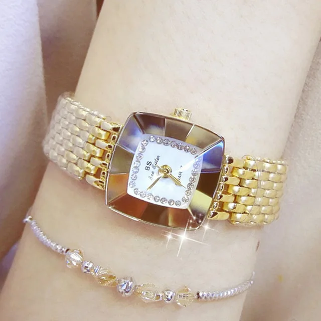 2018 Роскошные брендовые Кристальные квадратные женские часы с золотым браслетом