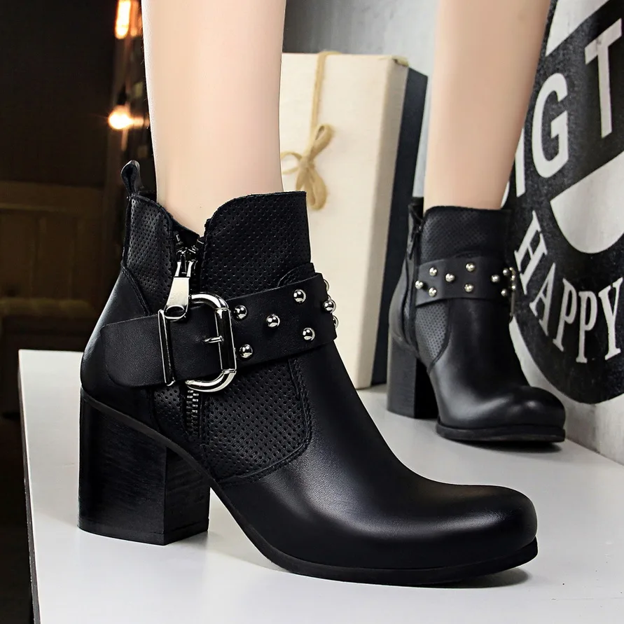 BIGTREE Winter Women Ankle Boots Woman Round Toe Square heel Shoes Female Buckle Rome Metal Rivet Knight Motorcycle Short | Обувь