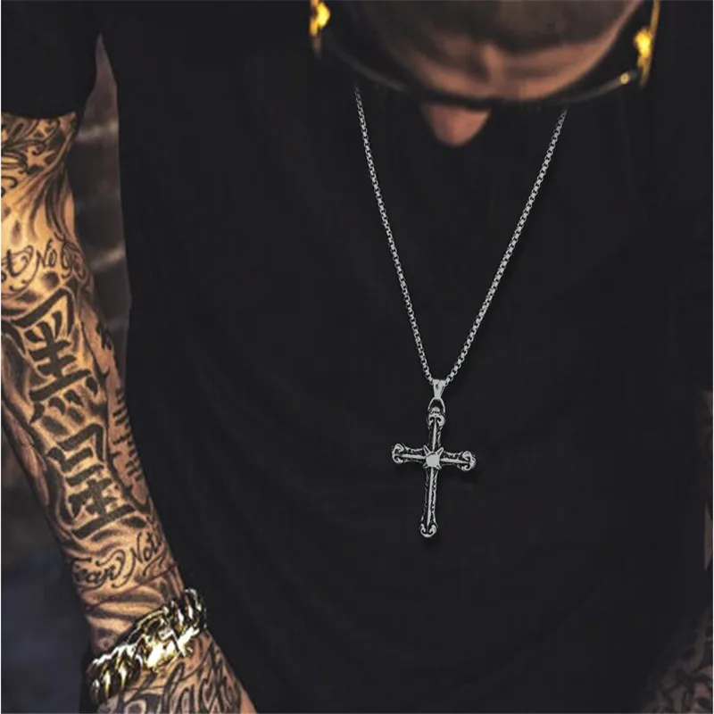 

Hot Black Pattern Gothic Vampire vintage Cross Pendant necklace men hip hop rock Sweater chain fashion jewelry Necklace Chain