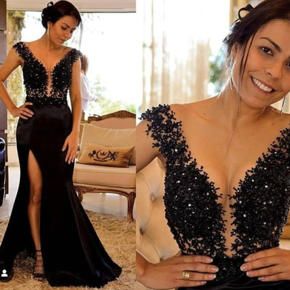 

SuperKimJo Black Evening Dresses Long Mermaid Lace Applique Beaded Evening Gowns Deep V Neck Formal Dress Robe De Soiree