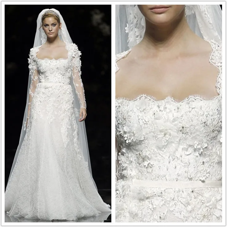 

New long sleeve lace wedding dresses 2016 scoop neck appliques beaded bride dress ivory VESTIDO DE NOIVA robe de mariage