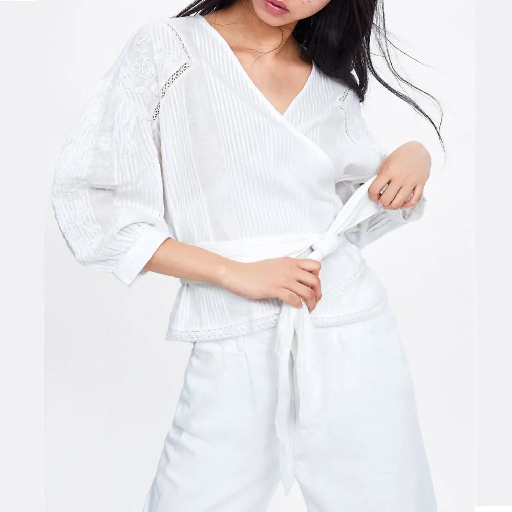 Женская Свободная блузка с v образным вырезом поясом и вышивкой 2019|Блузки| |
