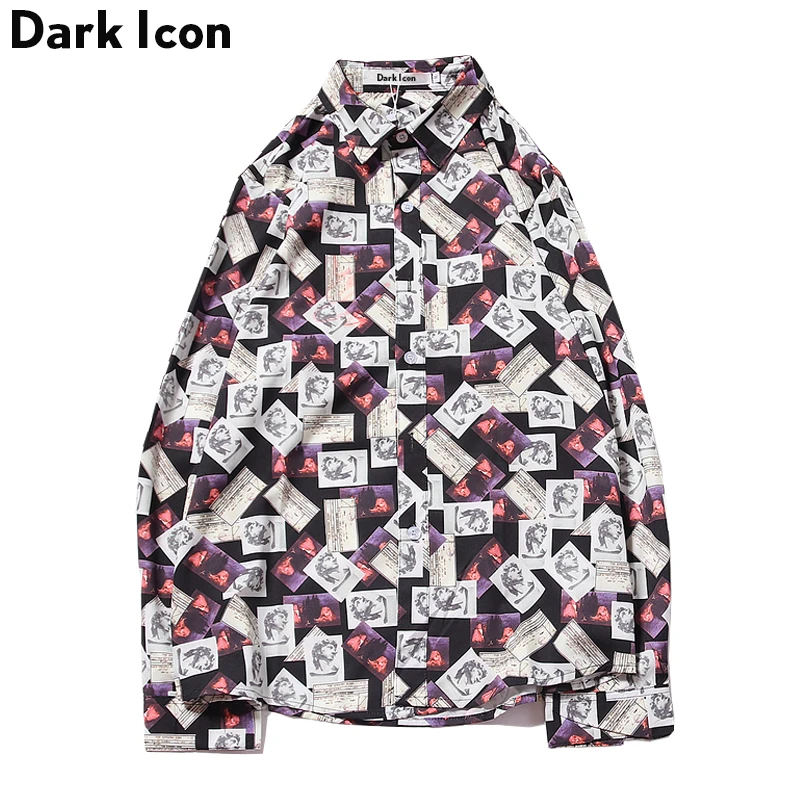 Full Printed Turn-down Collar Men's Shirt Long Sleeve 2018 New Vintage Hip Hop Men Casual Shirts Black Red | Мужская одежда