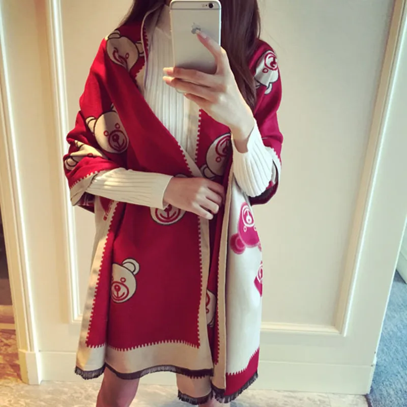 1Red beige Кашемировый шарф, женский толстый теплый осенний зимний шарф, двухсторонний шарф из пашмины с рисунком медведя, шарфы, шаль - Цвет: 1Red beige