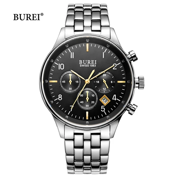 SilverBlackGold Мужские часы от бренда BUREI, водонепроницаемые армейские военные часы с сапфировым кристаллом, кварцевые наручные часы, мужские часы часов, Relogio Masculino - Цвет: SilverBlackGold