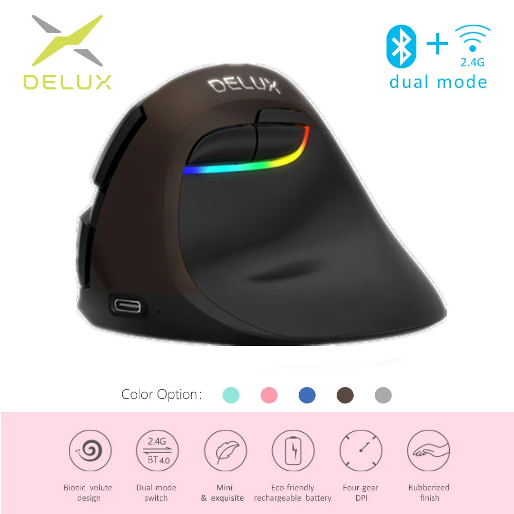M618MINI Black Delux M618 мини эргономичная мышь беспроводная Вертикальная мышь Bluetooth черная 2,4 ГГц RGB перезаряжаемая Бесшумная мышь для офиса - Цвет: M618MINI Black