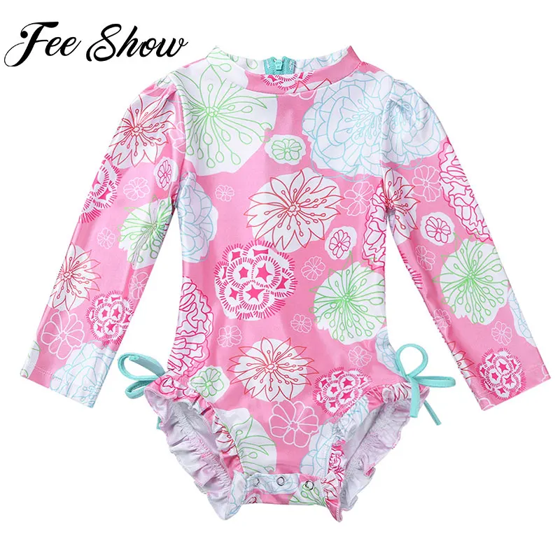 FEESHOW Baby One-piece Swimsuit Bathing Girls Clothes Dress Summer Long Sleeve Toddler Floral Printed Swimwear for | Мать и ребенок