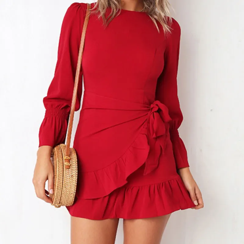 Прямая поставка Новая женская одежда с длинным рукавом круглый воротник платье