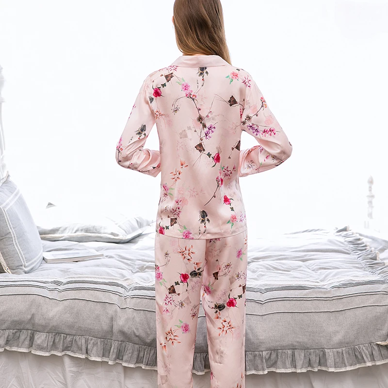 100% Real Silk Pajamas Set For Women Rose Print Long Sleeves Button Ladies Natural Pure Silk Sleepwear Nightwear Pyjamas