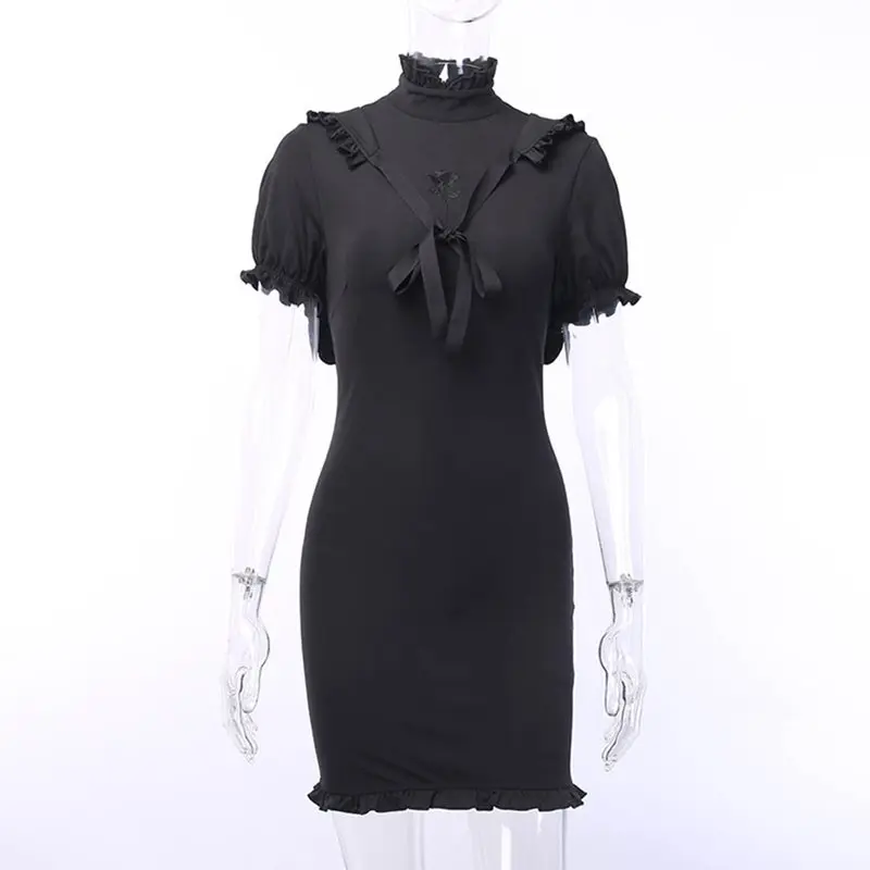 Сексуальное Бандажное короткое платье женское летнее черное с цветочной