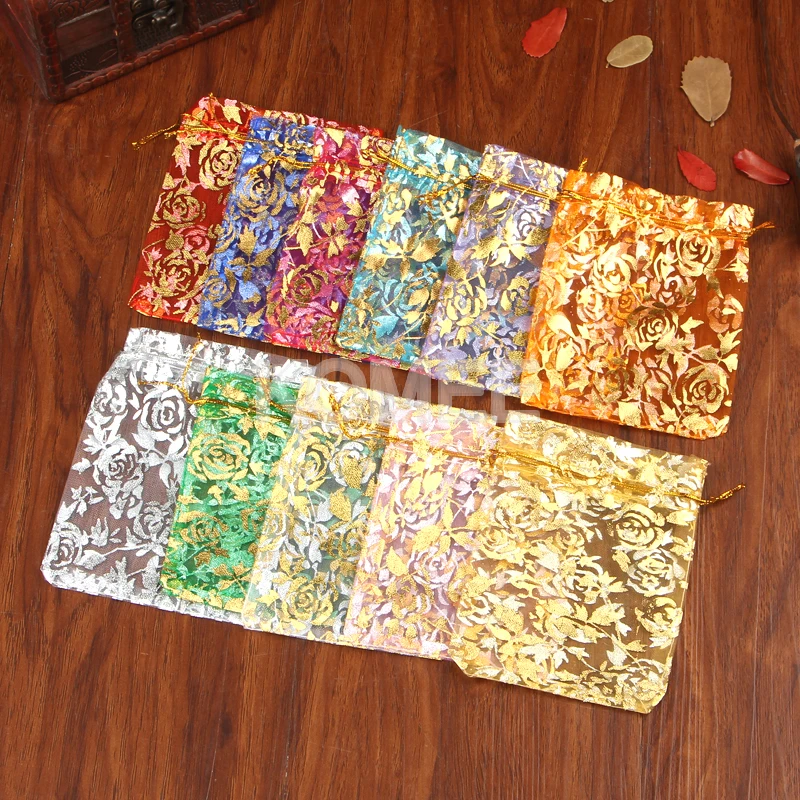 

Подарочные сумки из органзы с принтом золотых и розовых цветов, 11x16 см, 100 шт./лот
