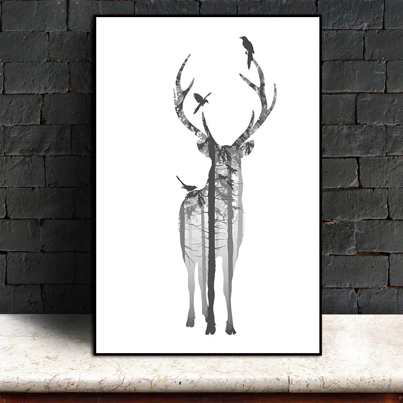 Скандинавский холст натуральный олень сосновый лес скандинавские абстрактные