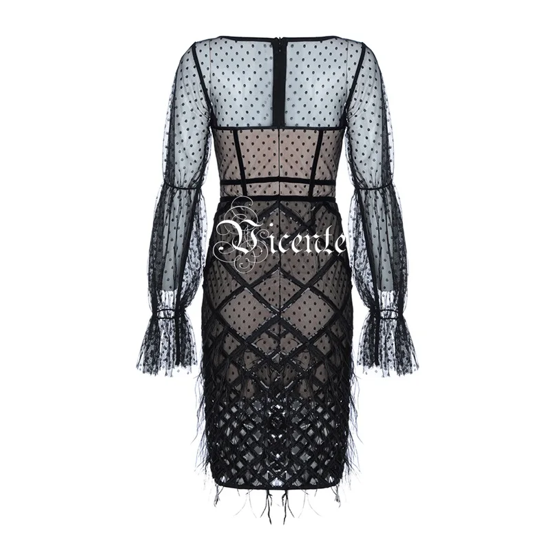 Vicente HOT Chic Square Geometric Tassels Sequins Dot Design Long Sleeves Celebrity Party Wear Mesh Dress | Женская одежда