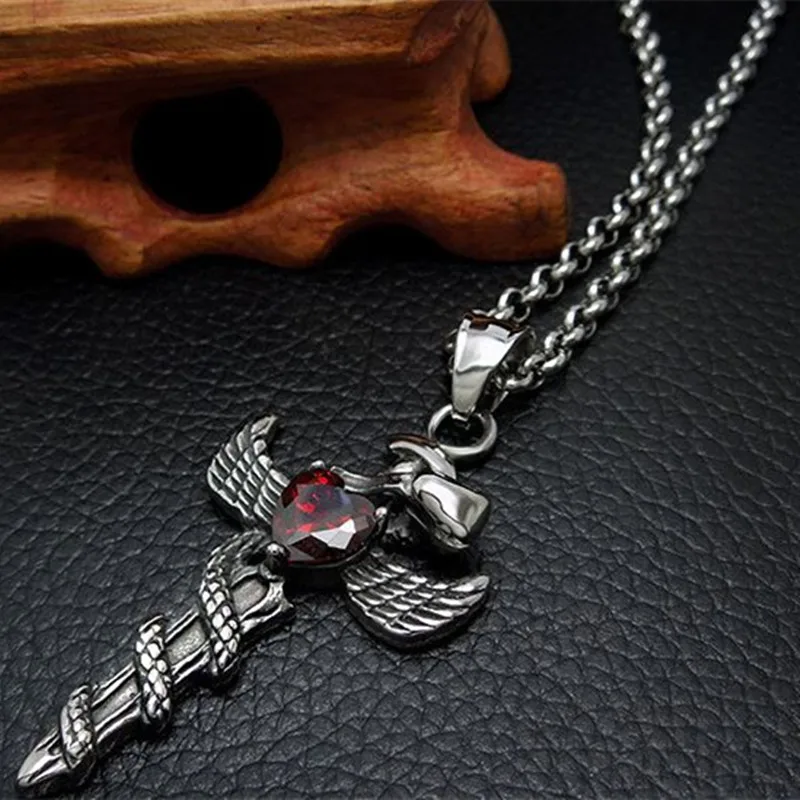 Модное ювелирное ожерелье в форме меча из титановой стали кулон с красным