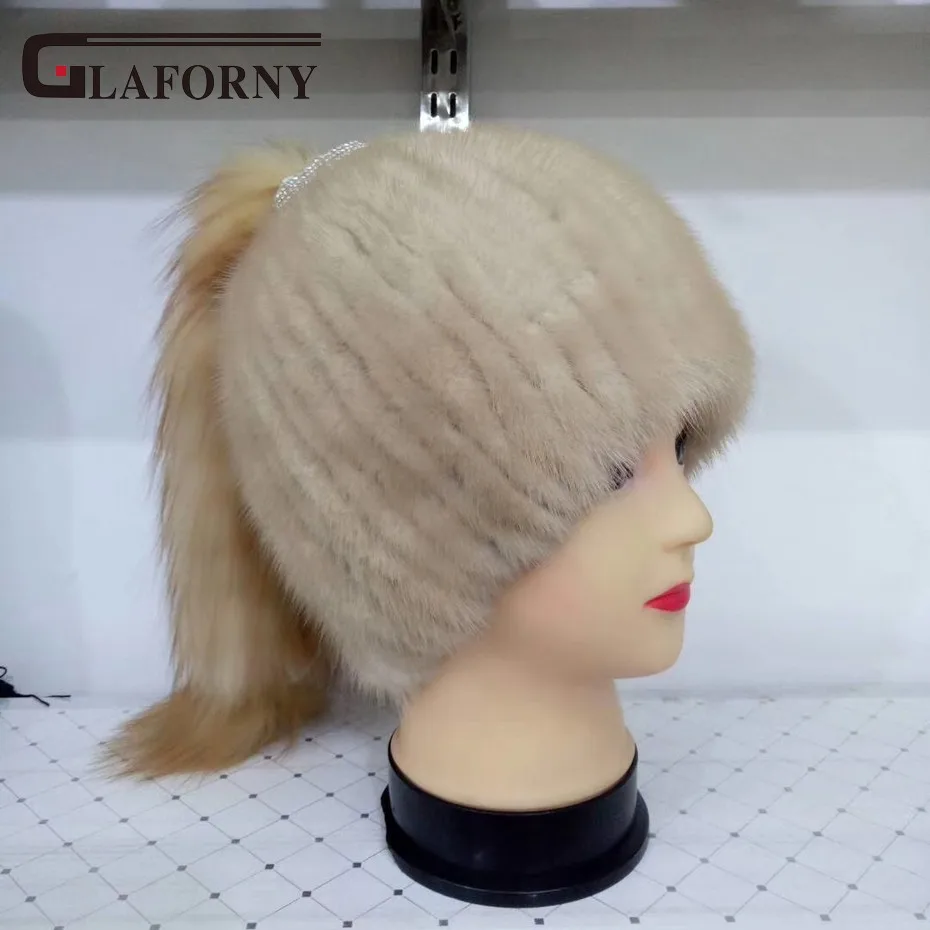 Glaforny 2018 новая норковая меховая женская вязаная шапка с роскошным лисьим хвостом