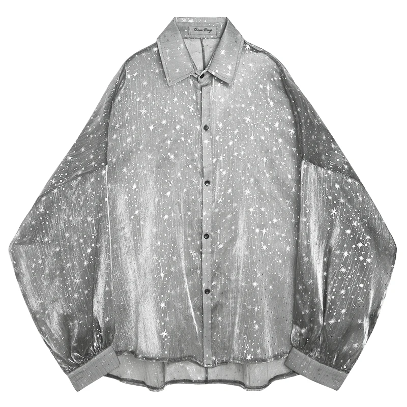 Men Bat Long Sleeve Star Transparent Oversize Loose Casual Shirts Male Streetwear Hip Hop Punk Gothic Party Night Club Shirt