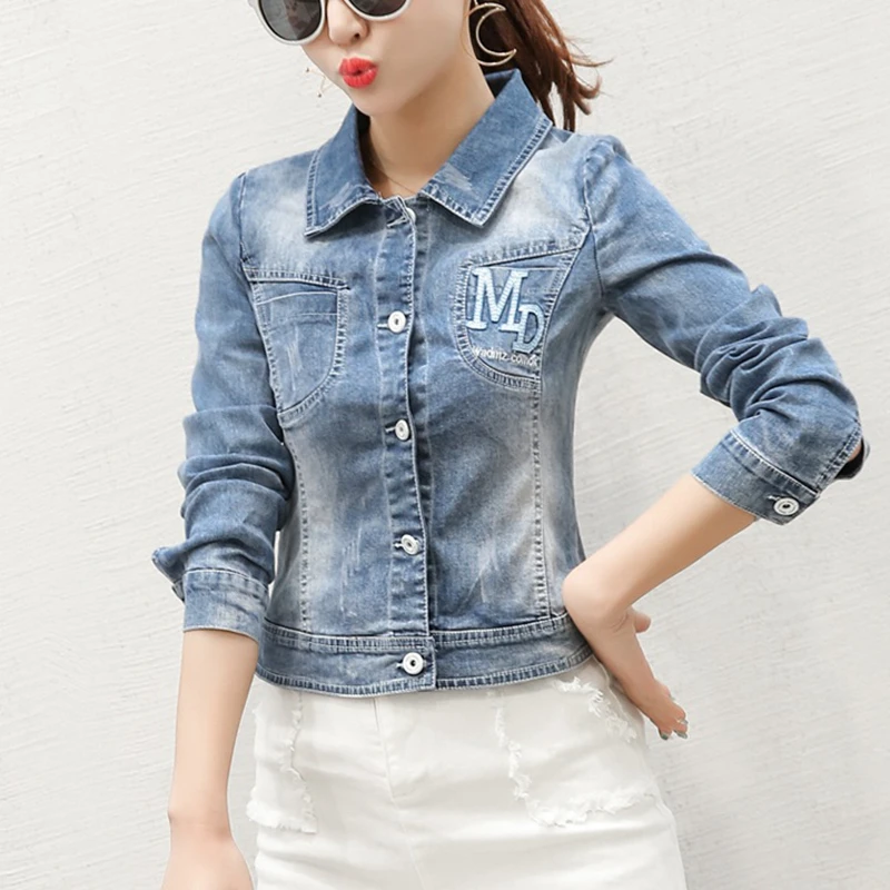 Осень 2017 г. Вышивка джинсовая куртка для Для женщин с длинным рукавом синий