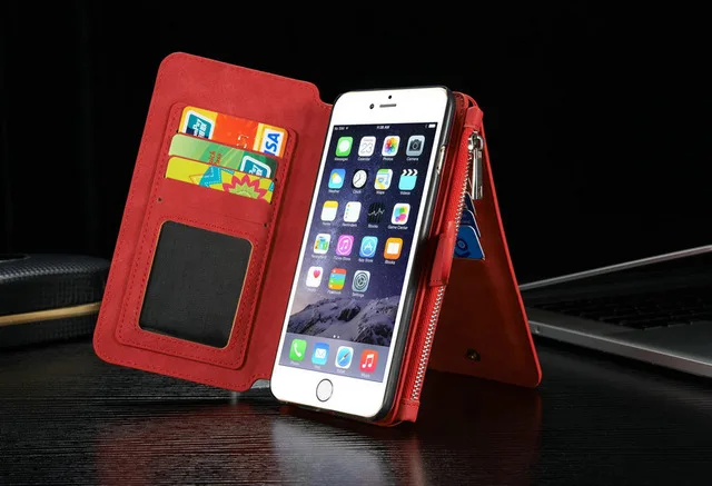 Red Роскошный кожаный чехол с 14 отделениями для карт для iPhone 7, 8, 6, 6S Plus, флип-сумка на молнии для iPhone X, XS, Max, XR, многофункциональный чехол для телефона - Цвет: Red
