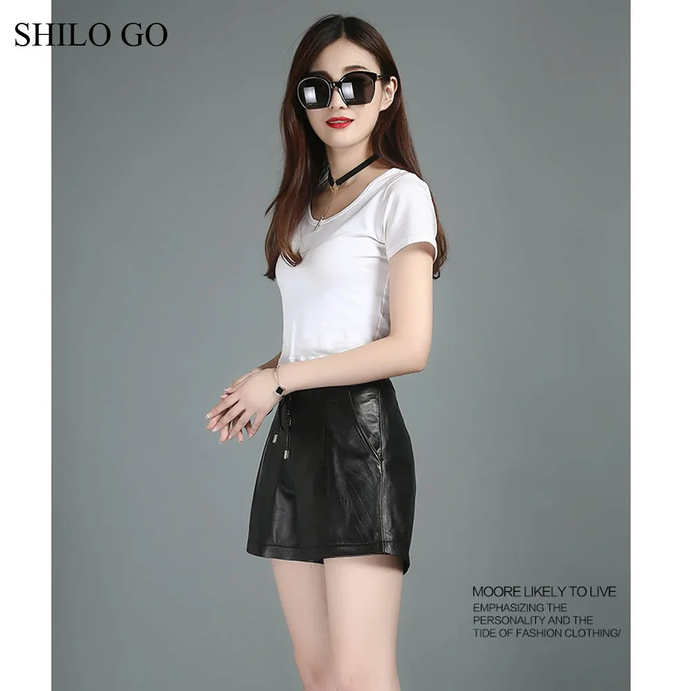 Leather Shorts Womens Autumn Fashion sheepskin genuine leather vintage adjustable high waist wide leg shorts | Женская одежда
