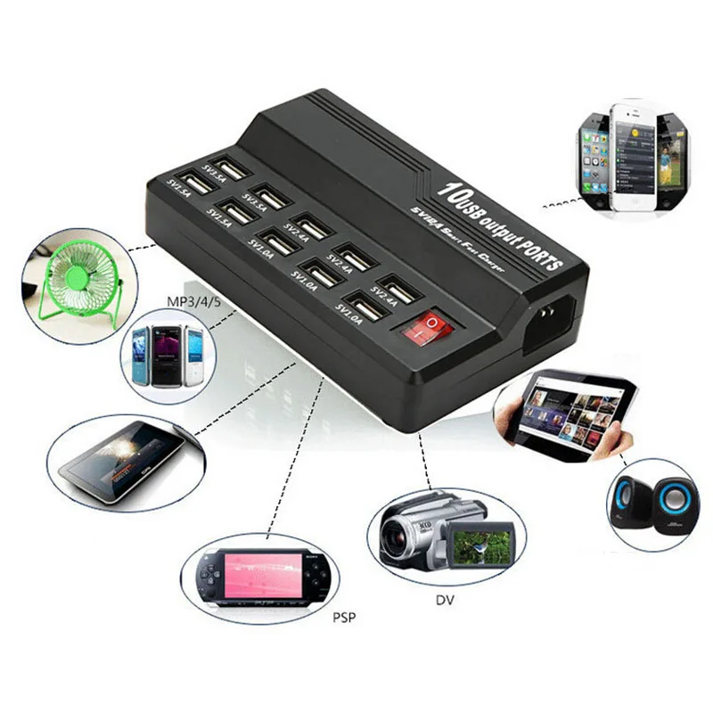 Многопортовое зарядное устройство 10 USB 12A мощность 60 Вт быстрая зарядная станция для iPhone 7 5 5S 6 6S Plus iPad LG samsung huawei Nexus адаптер переменного тока