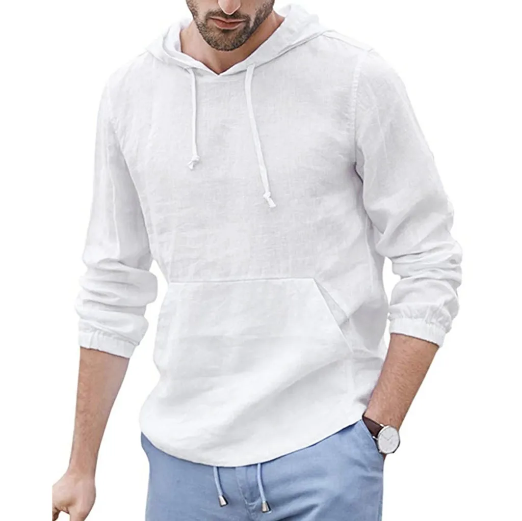 Men's Loose Linen Shirts Male Solid Color Oversized Cotton Linen Shirt Men Casual Hooded White Flax Shirt M-3XL Camisa Masculina