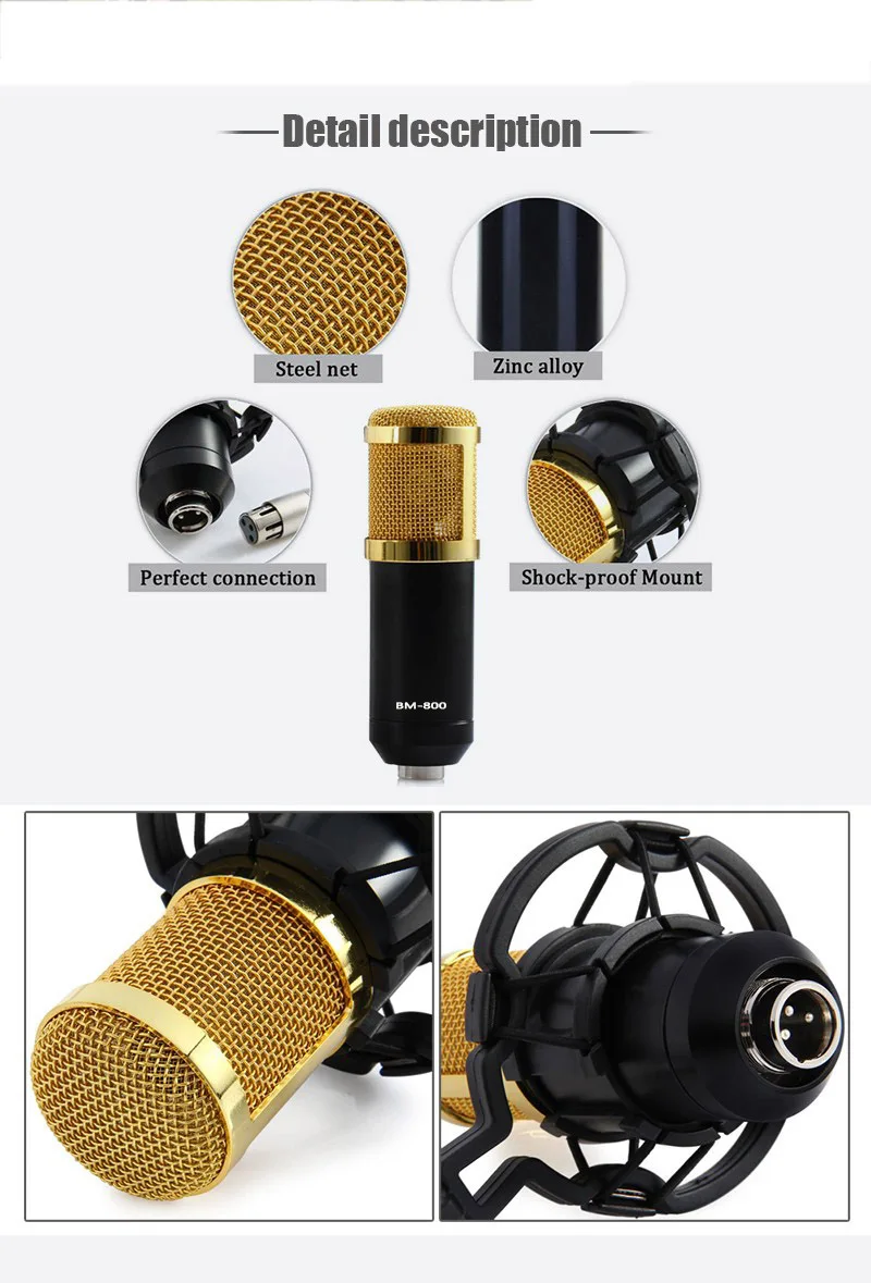 BM 800 Высокое качество профессиональный конденсаторный звуковая карта USB Запись Mic