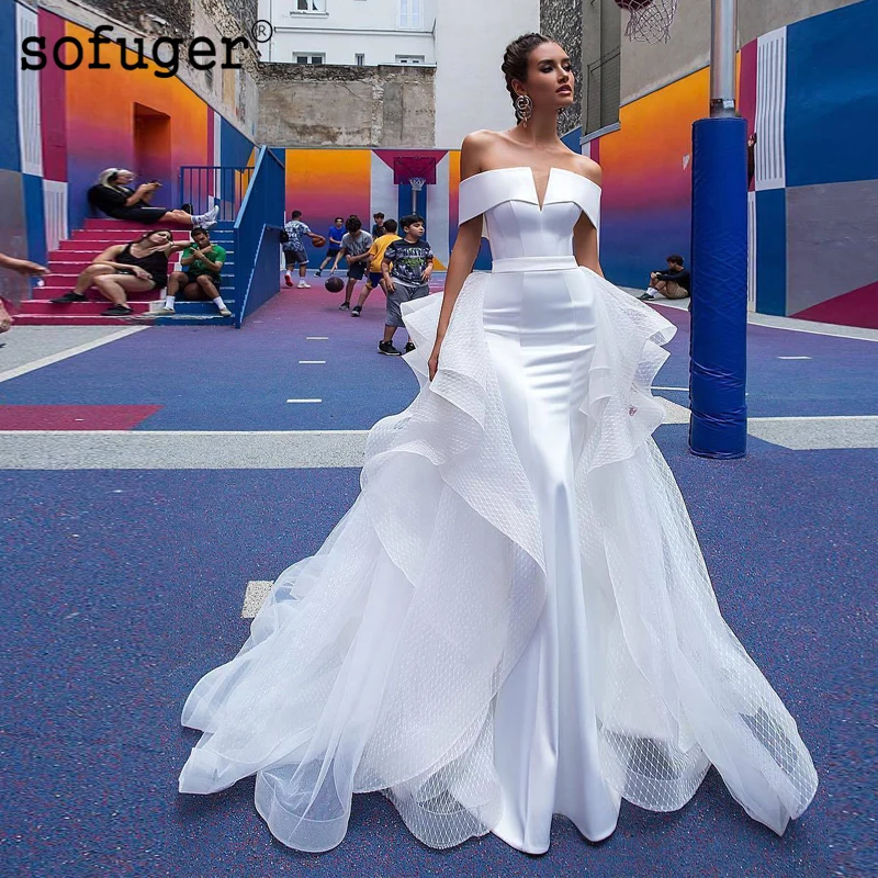 

Sofuge Bridal Ins Hot Detachable Train Mermaid Wedding Dress Off Shoulder Back Customized Ruched Elegant Women Bridal Gown