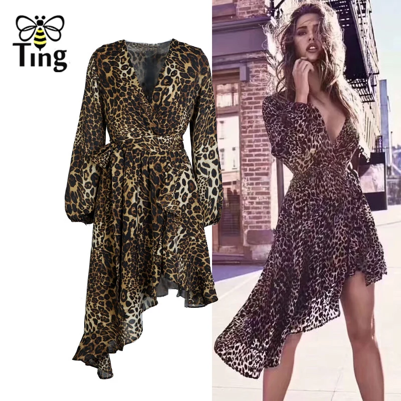 Женское платье с леопардовым принтом длинным рукавом и v образным