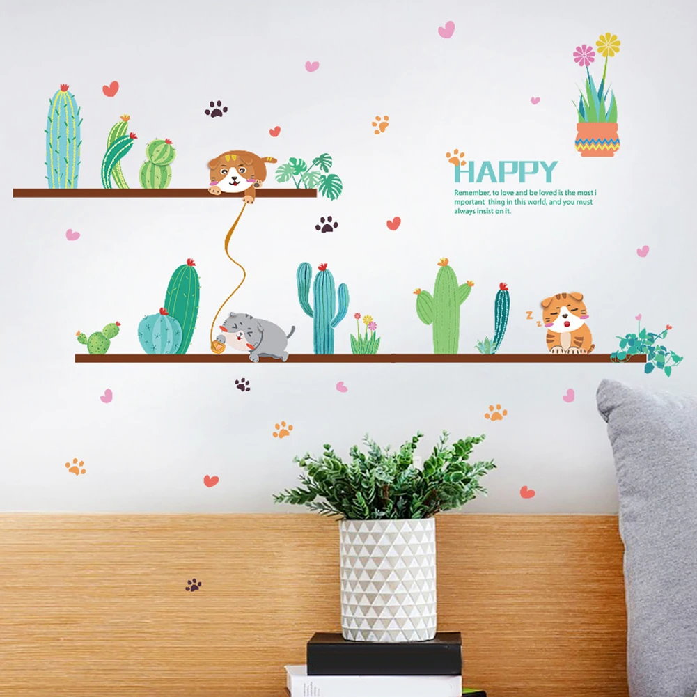Кошка кактус бонсай съемные обои наклейки на стену DIY наклейка кухня кафе