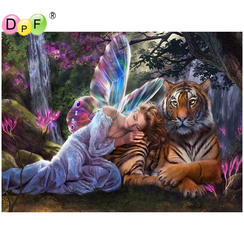 

DPF полноразмерная Алмазная 5D картина «сделай сам», «фея с тигром», 3D вышивка крестиком, искусственная вышивка