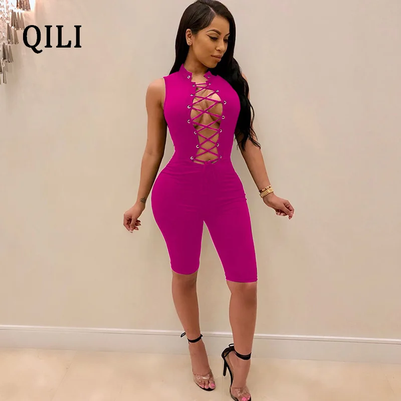 Rose-red QILI Для женщин пикантная Открытая грудь на шнуровке комбинезон Синий черного, желтого цвета розово-красный без рукавов полный комбинезон для ночного клуба - Цвет: Rose-red